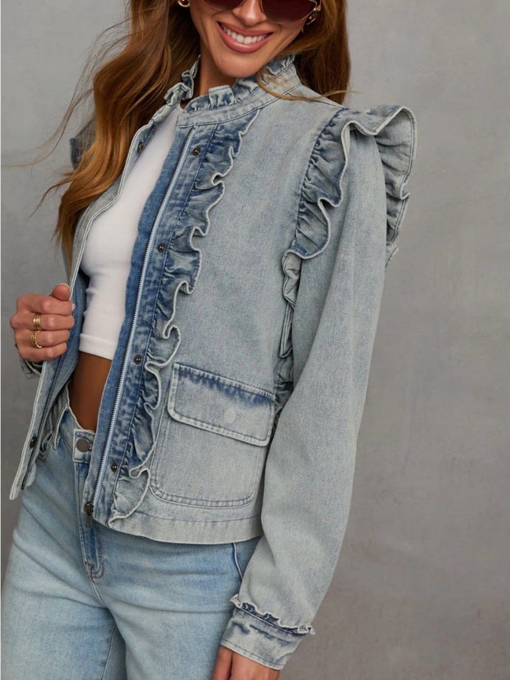 Fate Denim Ruffle Jacket | Size Medium | Light Wash Denim | NWOT